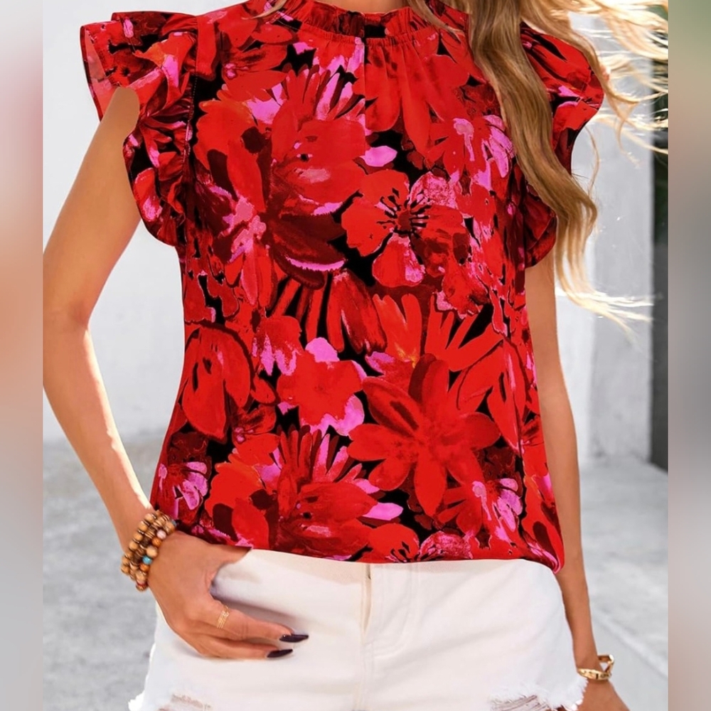 Vibrant Floral Ruffle Blouse in Red and Pink. NWT